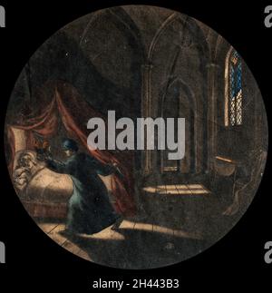 Ein Mann mit einer Öllampe und einem Dolch steht neben einer Frau, die in einem Himmelbett schläft; im Hintergrund ein gotisches Fenster. Gefärbte Mezzotinta, ca. 1800. Stockfoto