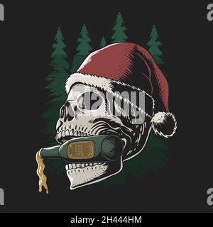 Totenkopf beißende Bierflasche fröhlich weihnachten Vektor Illustration Stock Vektor
