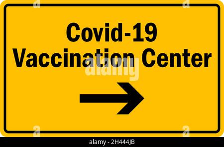 Covid-19 Impfzentrum Zeichen. Schwarz auf gelbem Hintergrund. Richtungsschilder und Symbole. Stock Vektor