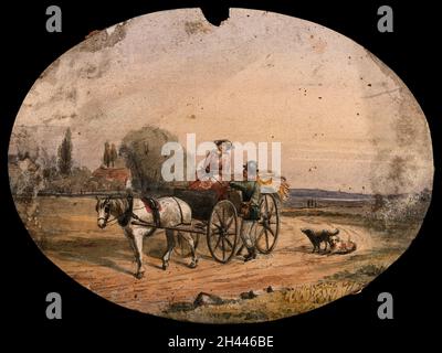 Eine Frau, die einen mit Heu beladenen Pferdewagen fährt, hat auf der Straße angehalten, um mit einem Mann mit Hunden zu sprechen. Aquarell. Stockfoto