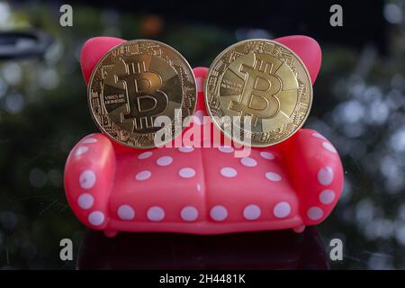 Einige Bitcoins sitzen auf einer weißen gepunkteten roten Spielzeugcouch. Geld und Geschäft trösten. Stockfoto