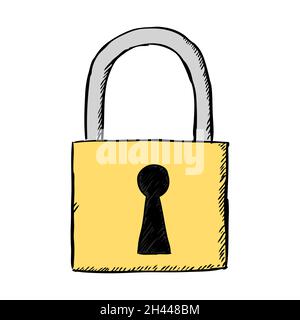 Handgezeichnete Vektordarstellung des Vorhängeschlosses. Vektorgrafik im Skizzenstil, isoliert auf weißem Hintergrund. Stock Vektor