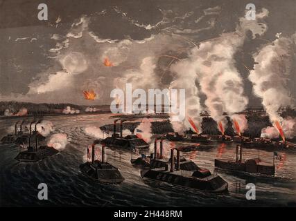 Bombardierung und Eroberung der Insel Nummer zehn auf dem Mississippi, 7. April 1862: Bundeswehrboote und Mörserboote werden auf die Festungen der Konföderierten auf der Insel abgefeuert. Farblithographie, 1862. Stockfoto