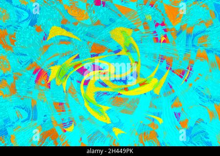 Digitale abstrakte Illustration, nahtlose bunte wirbelnde Muster in Blau, Gelb, Pink, Orange und Lila Stockfoto