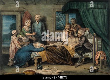 Ein Mann, der sich im Bett in einem Empfangshaus der Royal Humane Society nach der Reanimation durch W. Hawes und J.C. erholte Lettsom aus der Nähe Ertrinken. Aquarell von R. Smirke. Stockfoto