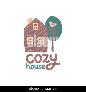 Niedliche süße Hause Vektor-Illustration. Gemütliches Hausgebäude mit Baum und lustigen Vögeln Stock Vektor