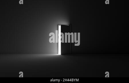 Eine Graustufenaufnahme einer offenen Tür, die Licht in einen dunklen Raum lässt Stockfoto