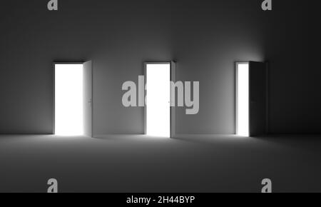 Eine Graustufenaufnahme offener Türen, die Licht in einen dunklen Raum lassen Stockfoto