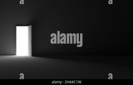 Eine Graustufenaufnahme einer offenen Tür, die Licht in einen dunklen Raum lässt Stockfoto