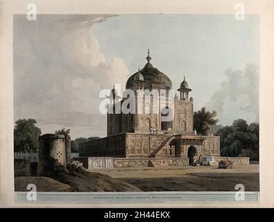 Mausoleum im Khusrau Bagh, in der Nähe von Allahabad, Uttar Pradesh. Farbiger Aquatinta von Thomas Daniell, 1796. Stockfoto