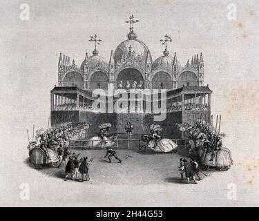 Zwei Männer zu Pferde jousten bei einem Turnier vor einer Menge auf dem Markusplatz in Venedig. Ätzen. Stockfoto