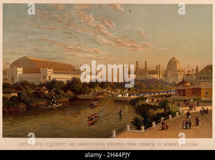 The World's Columbian Exposition of 1893, Chicago: Ein Blick auf die Gebäude der Liberalen Künste, Elektrizität und Verwaltung, vom Korridor des Frauengebäudes aus gesehen. Chromolithographie mit Gouache nach einem Gemälde von J.R. Schlüssel, 1894. Stockfoto