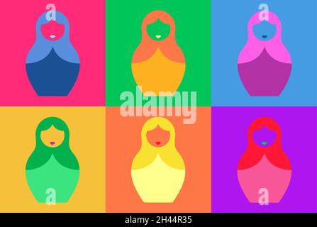 Russische Nestpuppen Matroschka. Farbenfroher Pop-Art-Style. Babushka Puppe Set Familie mit modernen lebendigen Farben Ornament, Vektor-Illustration isoliert o Stock Vektor