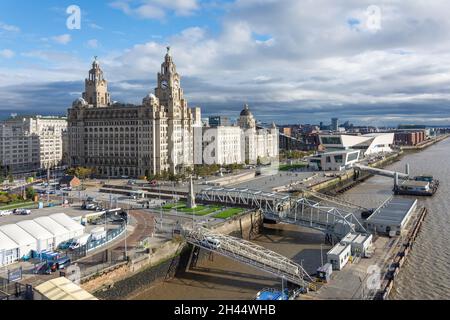 The Three Graces (Royal Liver Building, Cunard Building und Port of Liverpool Building), Pier Head, Liverpool, Merseyside, England, Vereinigtes Königreich Stockfoto