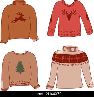 Set gestrickter weihnachtspullover mit Hirsch und Tannenbaum. vektor-Illustrationen in flachem Stil isoliert auf weißem Hintergrund Stock Vektor