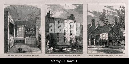 Links das Zimmer, in dem David Livingstone geboren wurde; in der Mitte das Haus, in dem er geboren wurde; rechts das Haus, in dem er seine Jugend verbrachte. Ätzen. Stockfoto