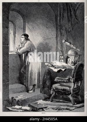 Astronomie: Ein Astronom [?] In seinem Arbeitszimmer, aus dem Fenster schauend. Lithographie von M. Jackson nach J. G. Stockfoto