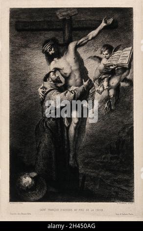 Der heilige Franz von Assisi umarmt Christus am Kreuz. Radierung von L. Flameng nach B.E. Murillo, 1860/1880. Stockfoto