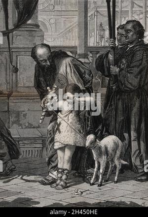 Ein Junge, gekleidet als Johannes der Täufer für eine Prozession in Venedig. Holzstich von W. Hollidge nach F.W.W. Topham, 1870. Stockfoto