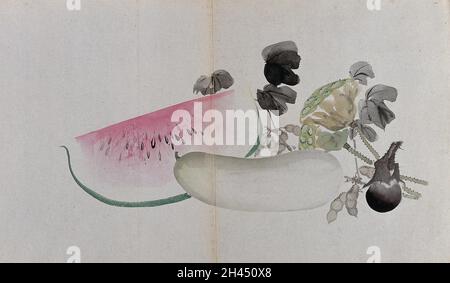 Aquarell von Wassermelone und anderen Früchten und Gemüse möglicherweise Kürbis und Erbsen oder Bohnen. Stockfoto