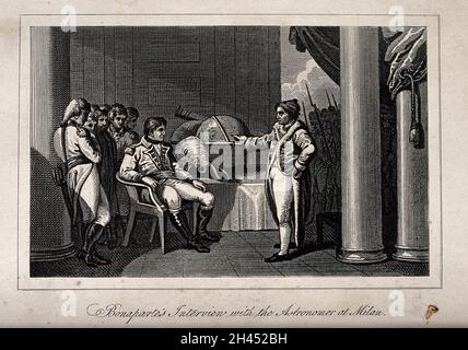 Astronomie: Napoleon Bonaparte lauscht einem Astronomen in Mailand. Gravur. Stockfoto