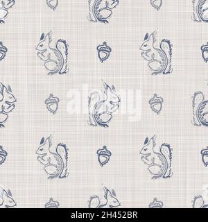Nahtlose französisch Bauernhaus Eichhörnchen Leinen bedruckten Stoff Hintergrund. Provenzalblau graue Musterstruktur. Shabby Chic Stil gewebten Hintergrund. Textil Stockfoto