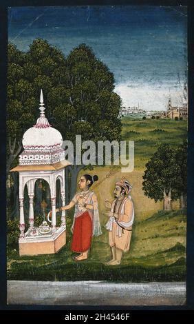 Ein Paar verehrt die Shiva Linga; die Frau stellt eine Girlande um den Lingam. Gouache-Gemälde eines indischen Malers. Stockfoto