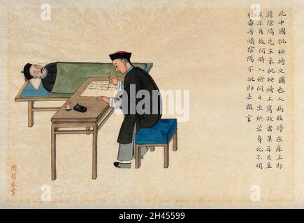 Ein Sterbender (?) Der Mensch diktiert seinen Willen (?) An einen Schreiber, der an einem Tisch neben seinem Bett sitzt. Aquarell von Zhou Pei Qun, ca. 1890. Stockfoto