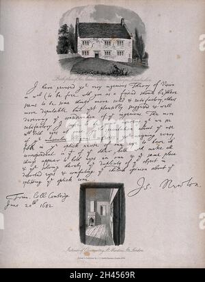 Oben, das Haus, in dem Isaac Newton geboren wurde, Woolsthorpe, Lincolnshire; Mitte, ein Brief von Isaac Newton vom Trinity College Cambridge, 20. Juni 1682; unten, innen des Observatoriums in Newtons Haus in der St. Martin's Street, London. Radierung von C.J. Smith, 1836. Stockfoto