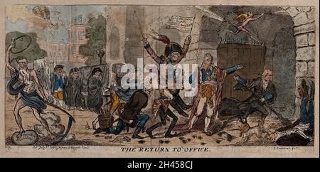 Der Herzog von York, der von General Dundas getragen wird, wird vom Prinzregenten eingeladen, unter dem Bogen der Horse Guards, Whitehall, vorzugehen. Farbige Radierung von G. Cruikshank, 1811. Stockfoto