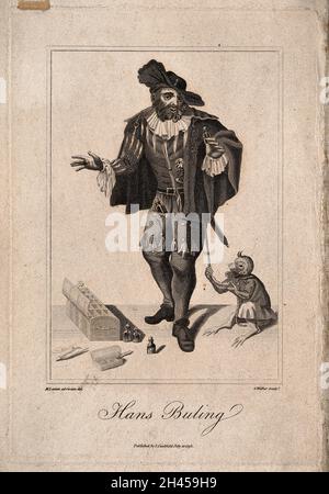 Hans Buling, ein umherziehender Medizinverkäufer, demonstrierte seine Waren mit Hilfe eines Affen. Stich von G. Walker, 1792, nach M. Laroon. Stockfoto