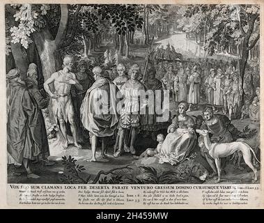 Johannes der Täufer: Er predigt einer Menge im Wald. Gravur nach N. de Bruyn. Stockfoto