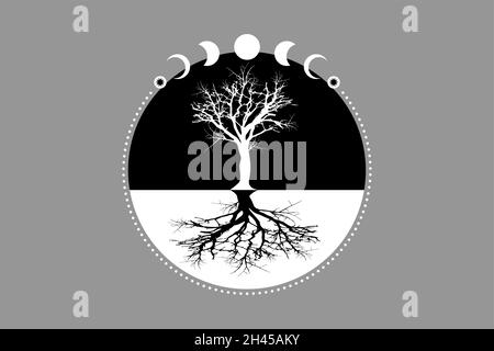 Mystische Mondphasen, Baum des Lebens, Heilige Geometrie. Baum und Wurzeln. Dreifacher Mond heidnische Wiccan Göttin Symbol, Silhouette Wicca Banner Zeichen, Energie Stock Vektor