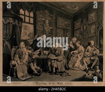 Ein Adliger und ein Ratsmann sitzen an einem Tisch und negieren eine Eheschließung zwischen dem Sohn des ersteren und der Tochter des letzteren. Stich von Louis Gérard Scotin nach William Hogarth, 1745. Stockfoto