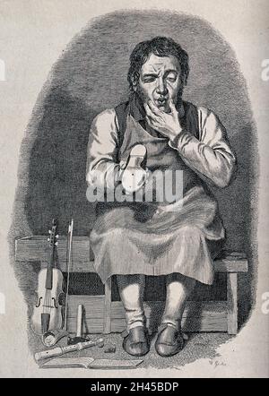 Ein schottischer Musikschuhmacher: Er sitzt auf einer Bank und betrachtet die Sohle eines Schuhs, den er hält; auf dem Boden und auf der Bank ruhen eine Geige, eine Blockflöte und ein Notenbuch. Radierung von Walter Geikie. Stockfoto