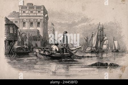 Royal Naval Hospital, Greenwich, von einem Boot auf dem Fluss aus, mit Fischern im Vordergrund, vom Fluss aus gesehen. Holzstich. Stockfoto