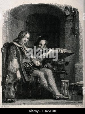 Der Zwerg Jeffrey Hudson sitzt auf einem Tisch und liest Julian Peveril ein großes Buch vor. Stich von Charles Fox nach David Wilkie. Stockfoto