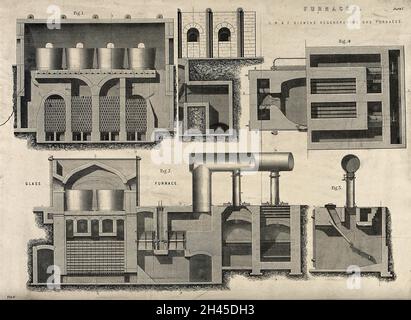 Maschinen: Ein gasgefeuerten Glasofen, lange und kurze Abschnitte, Plan und Details. Gravur, nach 1861. Stockfoto