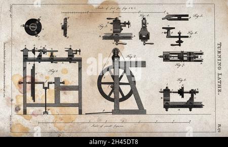 Schreinerei: Eine Tretdrehmaschine mit einer Auswahl an Werkzeugen zum Drehen. Stich von Mutlow, 1813, nach J. Farey. Stockfoto