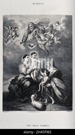 Die heilige Maria (die selige Jungfrau) mit dem Christkind, der heilige Johannes der Täufer und die heilige Elisabeth. Linienblock nach einem Holzstich von Timms nach G.A.H. Cabasson nach B.E. Murillo. Stockfoto