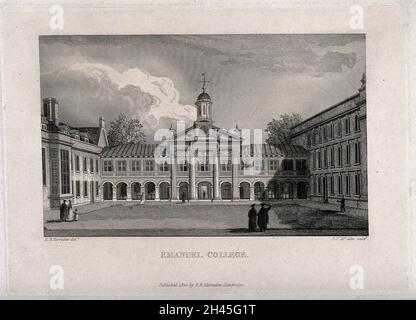Emmanuel College, Cambridge: Front Court, zeigt die Fassade der Kapelle. Liniengravur von E.F. McCabe, 1824, nach R.B. Harraden. Stockfoto