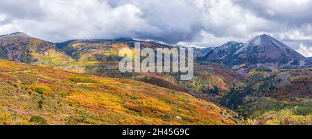 Lebhafte Herbstfärbung in Buscheichenwäldern und Espenwäldern im Manti-La Sal National Forest unterhalb des Haystack Mountain in der Nähe von Moab, Utah. Stockfoto