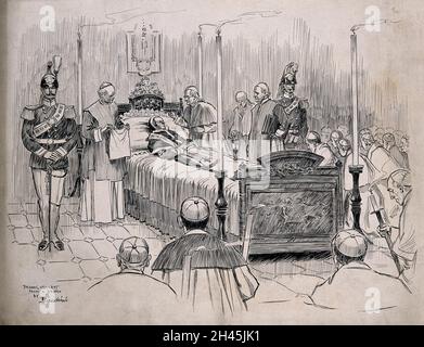 Papst Leo XIII. Auf seinem Sterbebett. Feder- und Tuschezeichnung von F. Gillett nach A. Bianchini, 1903. Stockfoto