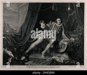 David Garrick in der rôle von Richard III., erwacht aus seinem Alptraum im Zelt mit militärischen Aktivitäten im Hintergrund. Radierung von W. Hogarth und C. Grignion nach W. Hogarth. Stockfoto