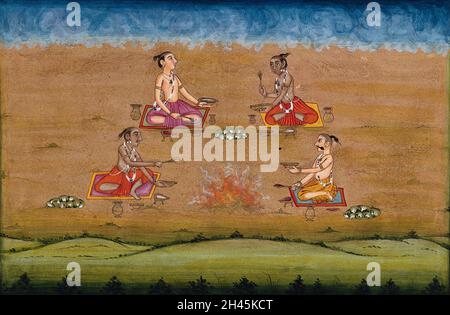 Vier Priester, die Ritualgefäße halten, führen eine Yagna, ein Feueropfer, ein altes vedisches Ritual durch, bei dem dem Gott des Feuers Agni Opfer dargebracht werden. Gouache-Gemälde eines indischen Künstlers. Stockfoto