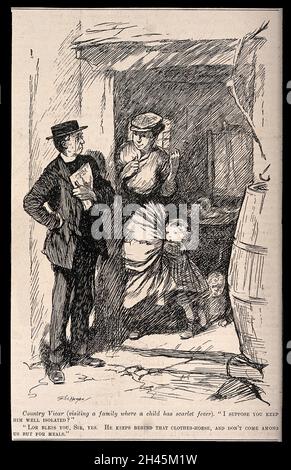 Ein Landvikar, der eine Familie besucht, in der ein Kind unter Scharlach leidet. Holzstich nach C. ShepPerson. Stockfoto