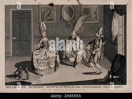 Eine junge Frau, die von einer älteren Frau, beide in extremer Mode gekleidet, zum Tanzen instruiert wird, während ein ausländischer Tanzmeister sie auf der Geige begleitet. Gravur, 1771. Stockfoto