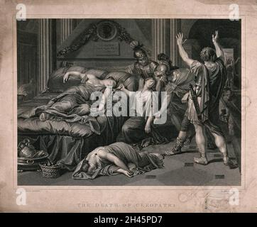 Der Selbstmord Kleopatras: Römische Soldaten entdecken Kleopatra tot auf ihrem Bett liegend, mit der Spange am linken Arm und ihrer toten Magd neben dem Bett. Linienstich von E. Smith nach D. Zampieri, il Domenichino. Stockfoto