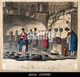 Frauen waschen Kleidung in der Waschküche in Torre del Greco, in der Nähe von Neapel. Farbige Radierung von J. Godby, 1806, nach P. van Lerberghi. Stockfoto