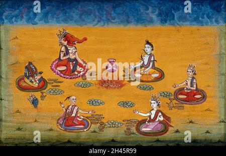 Ganesha führt zusammen mit fünf anderen Priestern und Gottheiten oder Königen (?), einer enthauptet, eine Yagna durch, ein Feueropfer, ein altes vedisches Ritual, bei dem Opfer an den gott des Feuers, Agni, gebracht werden. Gouache-Gemälde eines indischen Künstlers. Stockfoto